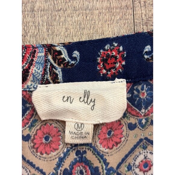 En Elly Womens Boho Tunic Dress M Blue Red Paisley Long Sleeve V-Neck - Picture 4 of 7